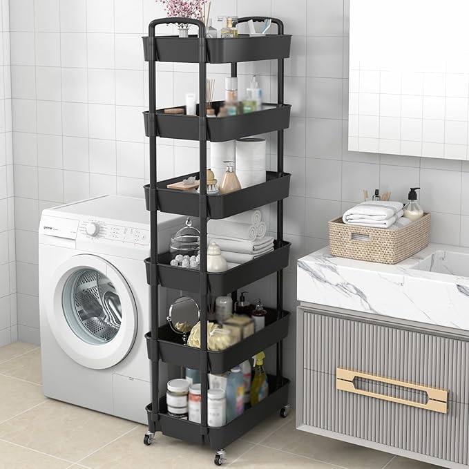 Sywhitta 6-Tier Plastic Rolling Utility Cart with Handle, Multi-Functional Storage Trolley for Office, Living Room, Kitchen, Movable Storage Organizer with Wheels, Black