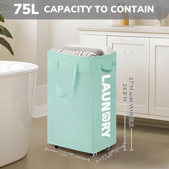 Goodpick Rolling Laundry Basket with Wheels,75L Large Collapsible Laundry Hamper with Removable Wash Bag Space for living room, Blue