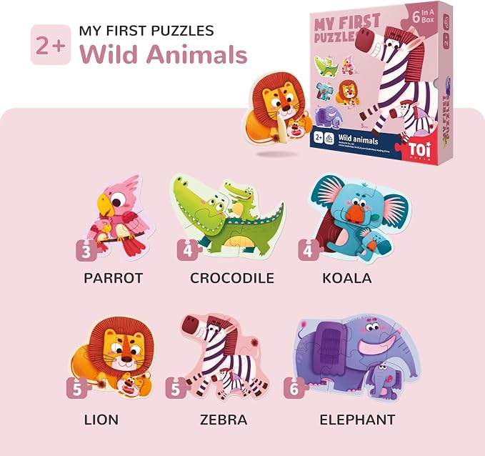 Toi 6 Packs Large Piece Toddler Jigsaw Puzzles for Kids Aged 2.5+, Animal Shaped Floor Puzzles for Beginner, Preschool Learning Game for Boys Girls, Wild Animals