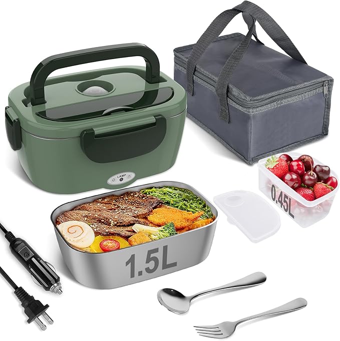 Vabaso Electric Lunch Box for Adults, 80W Heated Lunch Box Portable Food Warmer Lunch Box for Work/Men/Car/Truck with 1.5L 304 Stainless Steel Container Fork & Spoon, 110V/12V/24V