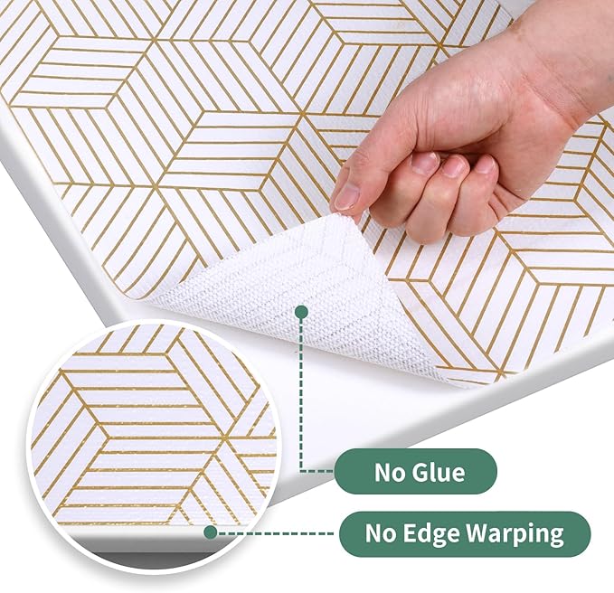 Shelf Liners for Kitchen Cabinets 12in x 30FT, Non Adhesive Cabinet Liner Strong Non-Slip Thickened Gold Geometric Drawer Liner, Easy to Clean for Shelf, Cabinet with Knife and Tape Measure