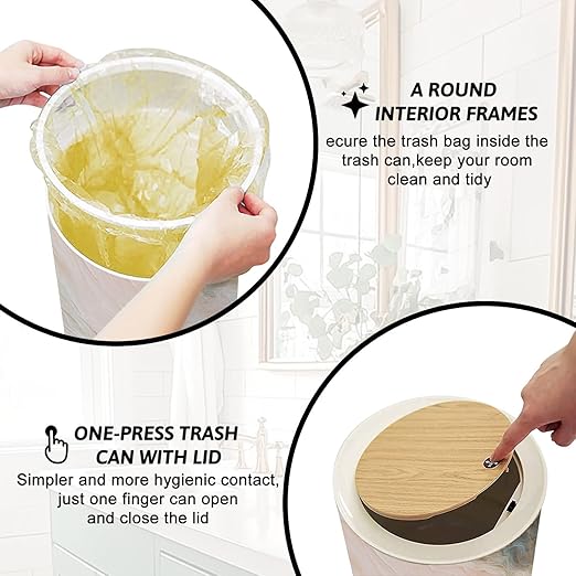 Trash Can with Lid Marble wall white brown ink swirl yellow green graphic abstract light Press Top Round Small Garbage Bin with Wooden Legs Waste Basket for Kitchen Bedroom Nursery 7L/1.8 Gallon