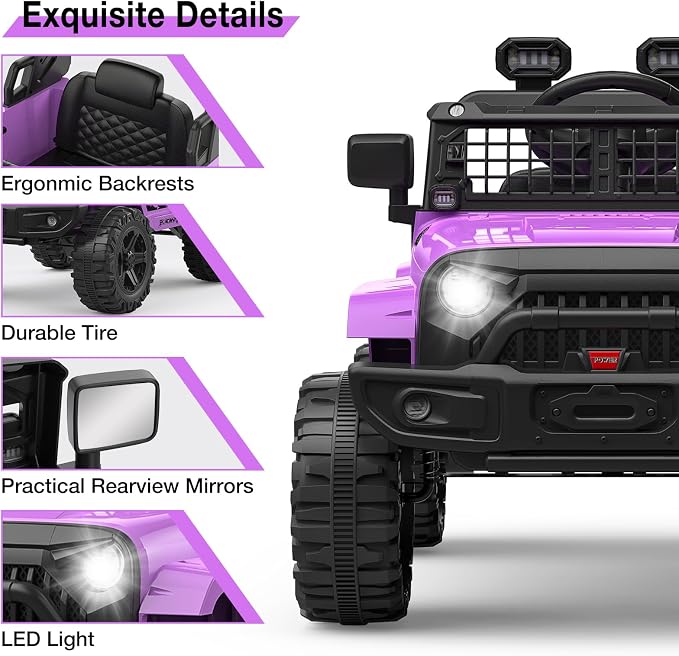 Hetoy 12V Ride on Toys with Parent Remote Control Toddler Electric Vehicle with Spring Suspension, LED Lights, Bluetooth, Music Player, 3 Speeds Ride on Car Truck for Kids Age 3-8 (Purple)