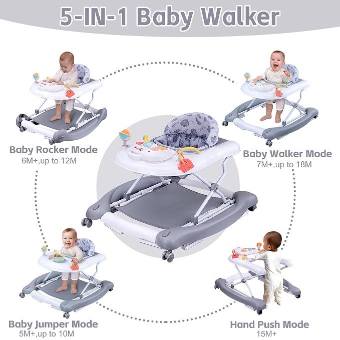 5 in 1 Foldable Baby Walker, Activity Baby Walker-Baby Bouncer, Rocker, Activity Center,Seat and Push Walker,Detachable Trampoline Mat, Adjustable Speed Rear Wheels and Height,Ages 6-18 Months(Grey)