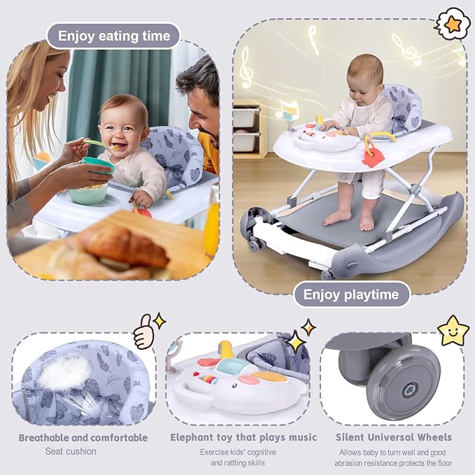 5 in 1 Foldable Baby Walker, Activity Baby Walker-Baby Bouncer, Rocker, Activity Center,Seat and Push Walker,Detachable Trampoline Mat, Adjustable Speed Rear Wheels and Height,Ages 6-18 Months(Grey)