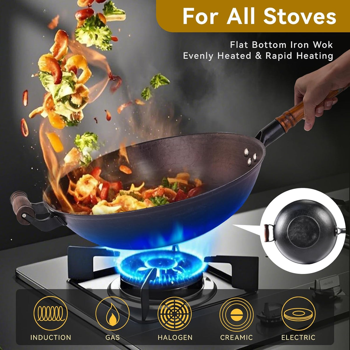 WANGYUANJI Cast Iron Wok,14.1 inch Flat Bottom Wok with Glass Lid,Suitable for All Cooktops, Uncoated Craft Pot Healthy Cooking Pot
