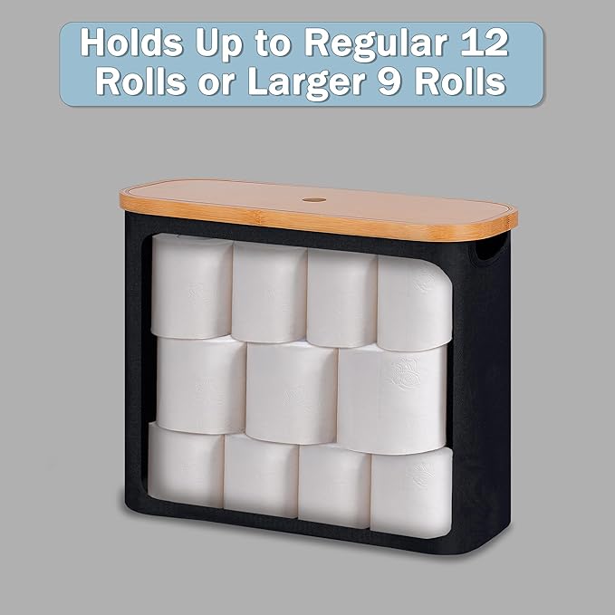 efluky Toilet Paper Storage, Toilet Paper Basket with Lid, Bathroom Storage Organizer, Free Standing Holder Up to 9 Mega Rolls, Black
