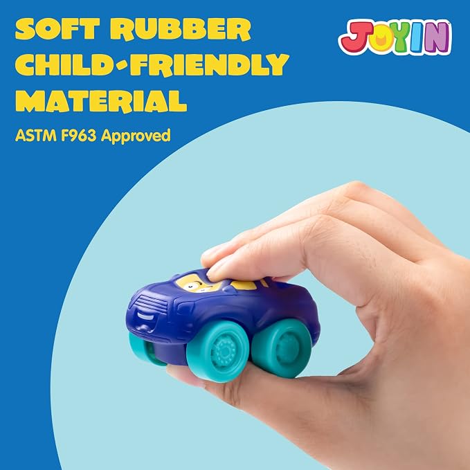 JOYIN Cartoon Cars, Soft Rubber Toy Car Set, Mini Vehicles, Bath Toy Car for Toddlers, Christmas Great Gift for Boys and Girls, Summer Beach and Pool Activity, Party Favors for Kids