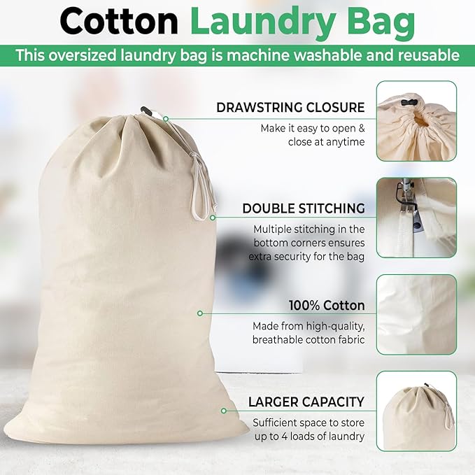 Large Cotton Laundry Bags 24x36 Inch with Drawstring, Heavy Duty Travel Organizer for Hamper, Basket, Camp – Beige (2 Pack)