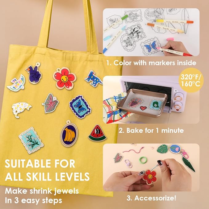 Grabie DIY Shrink Art Craft Kit Jewelry Making Kit for Kids Adults, 25+ Pre-Cut Shapes, 5 Dual-Tip Markers, Custom Charms, Pins, Rings, Keychains (Retro Vibes - Beginner Friendly)