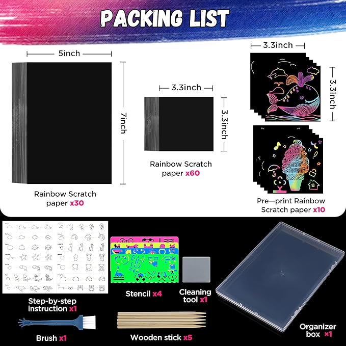 Scratch Art for Kids, Funtopia 100 Sheets Rainbow Scratch Paper, Black Scratch Off Paper Craft Kits, School Art Supplies Classroom Prizes Travel Toys Birthday Party Gifts, for Boys Girls ages 4-8 8-12