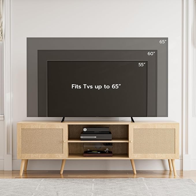 TV Stand for TVs up to 65'', Entertainment Center With Rattan Door, Shelves & 2 Cabinets, Long Boho Media Console for Living Room, Natural