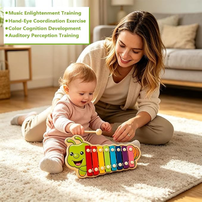 Xylophone for Toddlers, Animal Shape Wooden Baby Xylophone with 8 Scales and 2 Mallets,Colorful Kids Musical Instrument Educational Montessori Toys (Caterpillar)