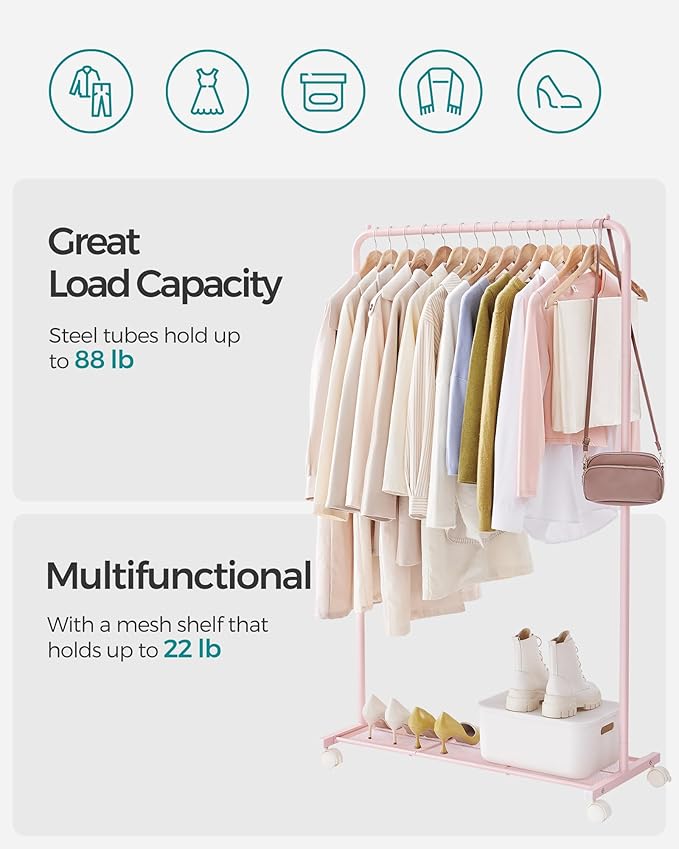 SONGMICS Clothes Rack with Wheels, Clothing Rack for Hanging Clothes, 25.4mm Metal Garment Rack with Dense Mesh Storage Shelf, 110 lb Load Capacity, 2 Brakes, Pink UHSR025P01
