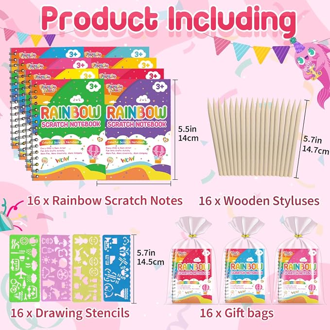Scratch Paper Art Party Favors for Kids: 16 Pack Rainbow Scratch Notebook, Goodie Bags Stuffers Coloring Books Party Favors for Kids 3-12, Bulk Classroom Birthday Gifts for Student