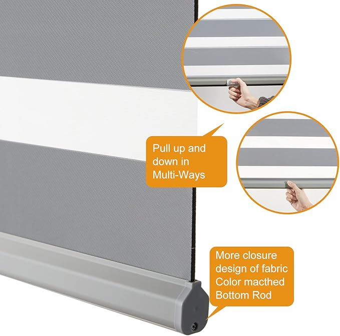 Persilux Cordless Zebra Blinds for Windows Free-Stop Roller Shades (71" W X 72" H, Grey) Dual Layer Light Cintrol for Day and Night, Light Filtering Sheer Shades for Home, Easy to Install
