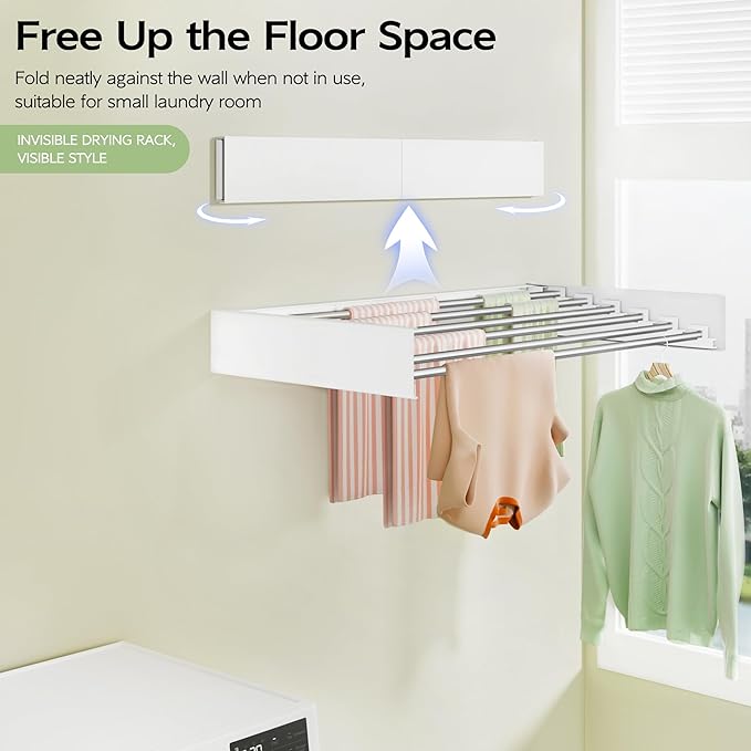 Wall Mounted Clothes Drying Rack 40 inches, Foldable Wall Mount Laundry Rack Folding Indoor, Drying Rack Clothing Collapsible, Hidden Space Saver with Wall Template, 6 Rods, White