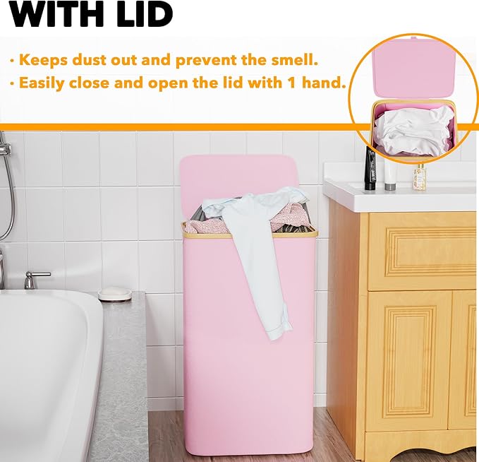 SpaceAid Laundry Hamper with Lid, 110L Large Tall Clothes Basket Bin with Bamboo Handles, Collapsible Laundry Hamper for Bedroom, Bathroom, Dorm, Laundry Room - Pink