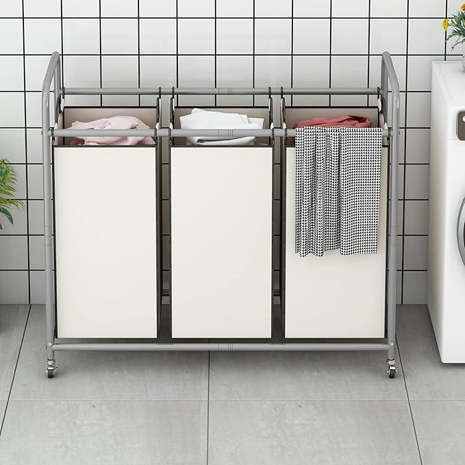 LINZINAR 3-Bag Laundry Sorter,Laundry Hamper Cart with Heavy Duty Rolling Lockable Wheels and Removable Bags (Beige)