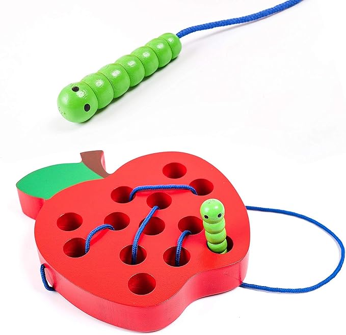 JCREN Wooden Lacing Apple Threading Toys Wood Lace Block Puzzle Shape Travel Game Toys Early Learning Fine Motor Skills Educational Gift for 3 4 5 Years Old Toddlers Baby Kids Boys