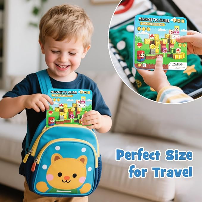 49PCS Mini Magnetic Tiles Travel Toys for Kids Ages 4-8, Magnetic Building Blocks Adventure Set with Portable Iron Storage Box & Play Base, STEM Learning Activities for Toddlers 3-5