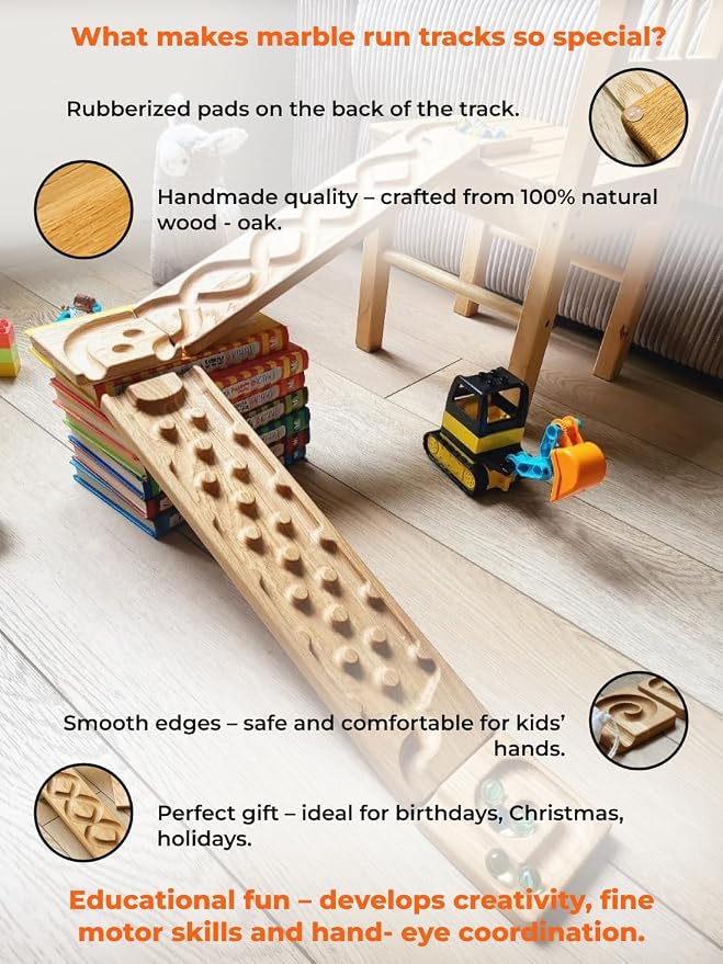 Wooden Marble Run Track Set of 2 Wind+Rocks Race Machine Set Wooden Maze Board Ball Run Montessori STEM Toy Gift for Kids Wave Course Winding Roller Track Game (Rocks+Whirlpol)