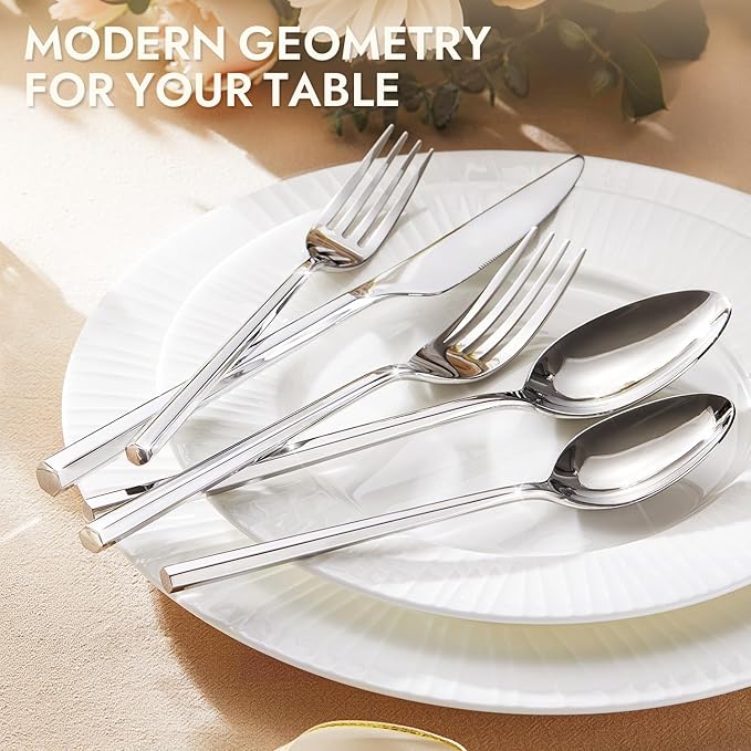 KINGSTONE 60-Piece Silverware Set, 18/10 Stainless Steel Flatware Cutlery Set with Hexagon Handle, for Hotel, Home, Party, Wedding Gift, Mirror Polish and Dishwasher Safe
