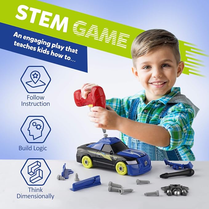 Coogam Take Apart Racing Car with Electric Screwdriver Tool, Fine Motor Skill Toy Car Construction Set STEM Building Learning Game with Light and Sound Gifts for Year Old Boys and Girls