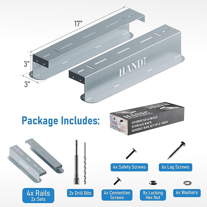 HANDT Overhead Garage Storage Rack, Connectable Heavy Duty Metal Ceiling Rails For Garage Storage Organization Shelving System, Hanging Racks For Tote Containers, Supports Up To 3 Bins, 2 Sets Gray