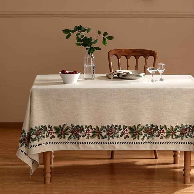 ISAENNE Designer Christmas Linen Rectangular Tablecloth,Light Beige Western Elegant Table Cloth,Wrinkle Resistant Decor Tablecloths for Dining Thanksgiving Kitchen Christmas,55"*87"-Carol G