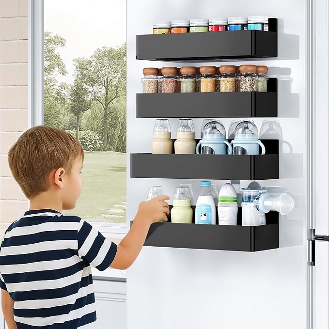 Magnetic Spice Rack for Refrigerator, Kitchen Organizer and Storage Shelf, Black (4 Pack)…