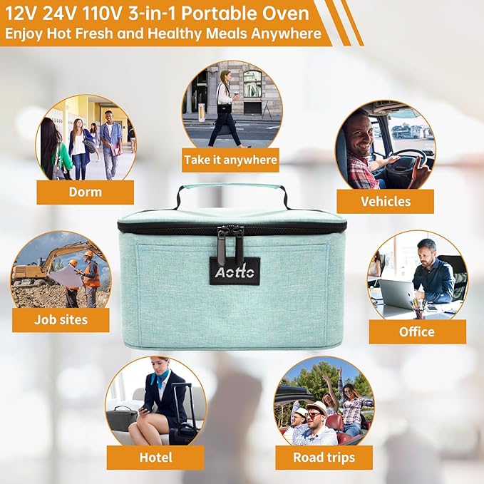 Aotto Portable Electric Lunch Box Food Heater, 12V/24V/110V 3-in-1 Car Food Warmer Heated Lunch Box for Adults, Cook, Reheat & Keep Meals Warm for Car, Truck, Travel, Work, Home - Lake Green