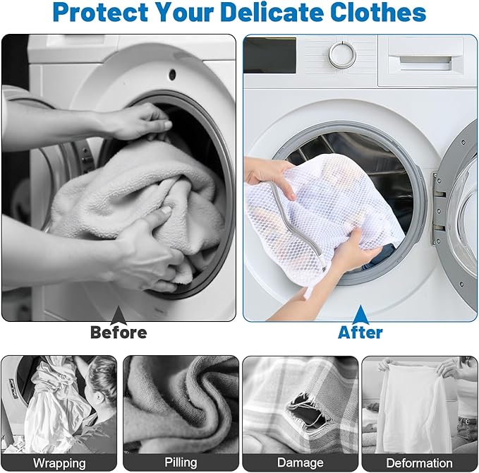 6 PCS Durable Honeycomb Mesh Laundry Bags for Delicates with Zipper, 12 x 16 Inches Reusable Laundry Bag Mesh Wash Bags for Washing Machine for Clothes, Shoes, Socks, Underwear, Bra (M, White)