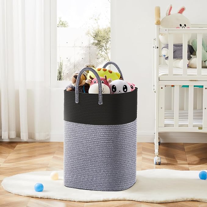 Laundry Basket,Woven Cotton Rope Laundry Hamper,Versatile Storage for Dirty Clothes,Baby Toys,and Blankets in Bathroom, Nursery,and Living Room (Black, 40L)
