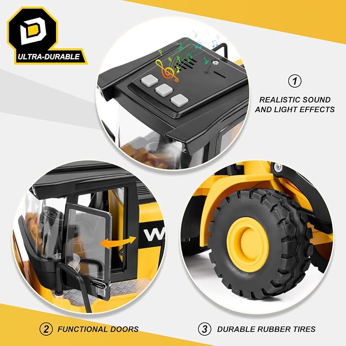 Bulldozer Toy, 16" Front Loader, 1:10 Scale Classics Bulldozer, Wheel Loader with Real Working Arm & Bucket, Lights & Sounds Construction Vehicle Toy for Boys and Girls, Kids, Toddlers, Ages 3+