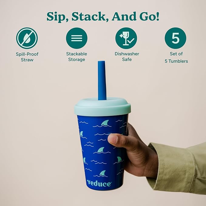REDUCE GoGo's Kids Portable Tumbler Cups with Lids and Spill-Proof Straws - 5 Pack of Stackable 12 oz Tumblers with Twist-On Lids - Easy Storage, Dishwasher Safe - New Explorer