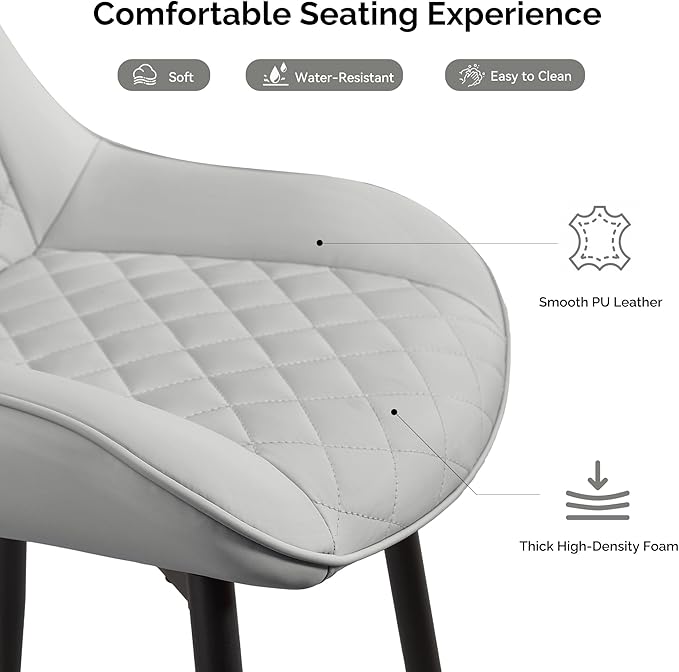 Dining Chair Set of 2, Modern Dining Chairs with Thick Cushions, Faux Leather Upholstered Kitchen Dining Room Chairs with Metal Adjustable Legs for Dining Living Room, Light Grey