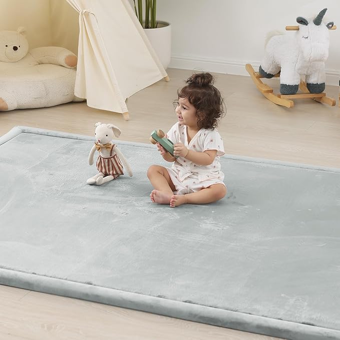 1.5" Thick Padded Baby Play Mat for Floor Tummy Time, Pro Soft Foam Activity Playroom Playmats, Easy Care with Non-Slip Safe for Infant Toddlers Crawling 71"x 79" (Light Grey)