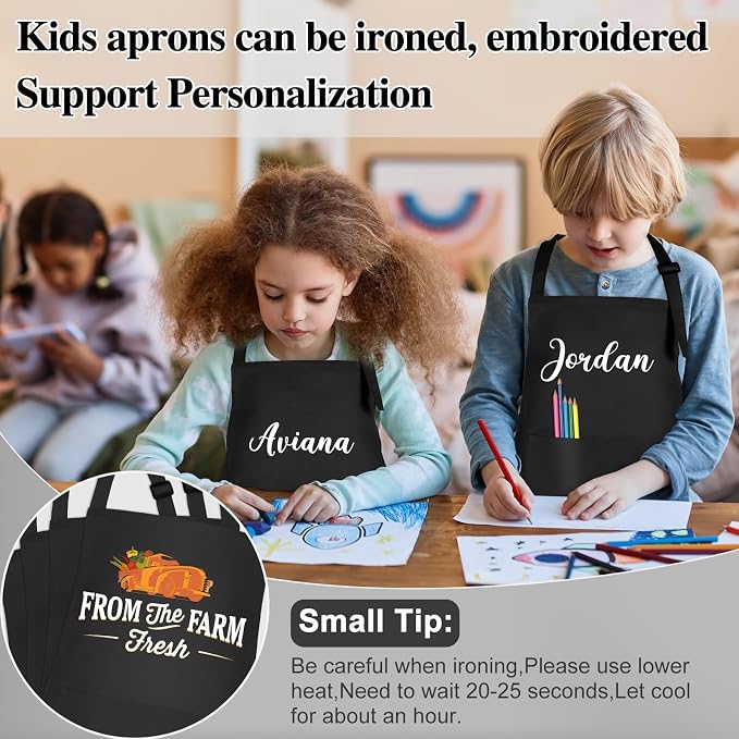 24 Pack Kids Apron Bulk with 2 Pockets Adjustable Chef Art Apron Kids Painting Aprons for Cooking Baking Painting Crafting Grilling Activity（Black）