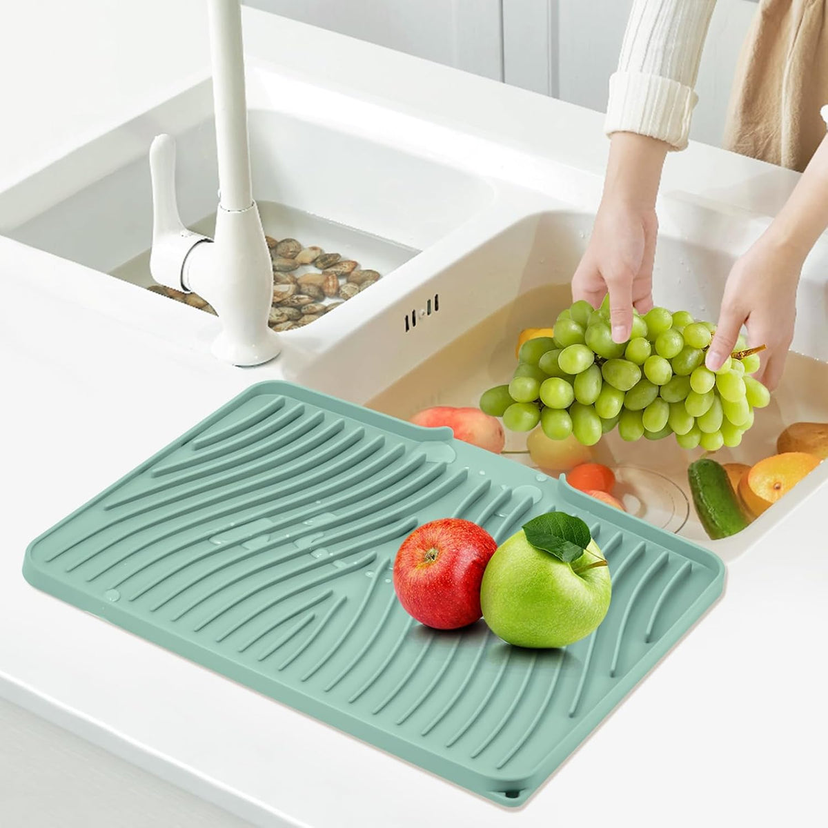 Silicone Dish Drying Mat, Stone Drying Mat for Kitchen Counter with Built-In Drain, Non-Slip Drain Pad with Built-in Drain, Heat Resistant Stone Drying Mat, 1Pcs 19.7" x 17", Mint