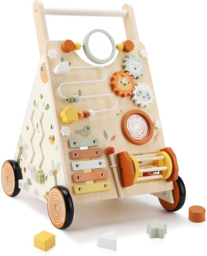Pithfor Wooden Baby Walker, Baby Push Walker with Activity Center for Girls Boys, Montessori Push Walker Toys for Babies Learning to Walk, Sit-to-Stand, for 10-12 Months 1 2 3 Years Old