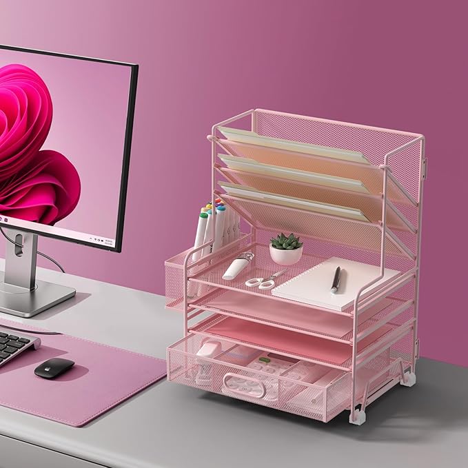 4-Tier Paper Organizer + 3-Pocket File Holder + Drawer + Pen Holders, Desktop File Organizers Paper Tray for Office Supplies School Classroom Organization (Pink, with Drawer & Pen Holder)