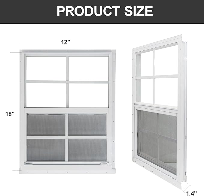 Yuzzy 12" x 18" Shed Windows with Tempered Glass and Fiberglass Screen, 2 Pack Small Sliding Windows for Shed, Chicken Coop, Playhouse, Household, Garage, Barns (White)