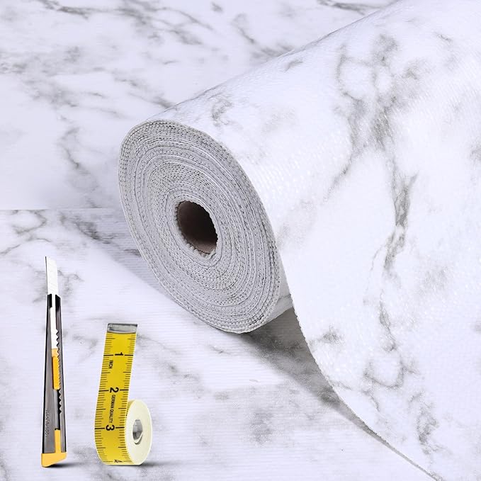 Drawer and Shelf Liner for Kitchen Cabinet: 23.6 in X 40 Ft Non Slip Waterproof Shelf Paper Non Adhesive Refrigerator Liners White Marble Easy Liners for Bathroom with Knife Tape Measure