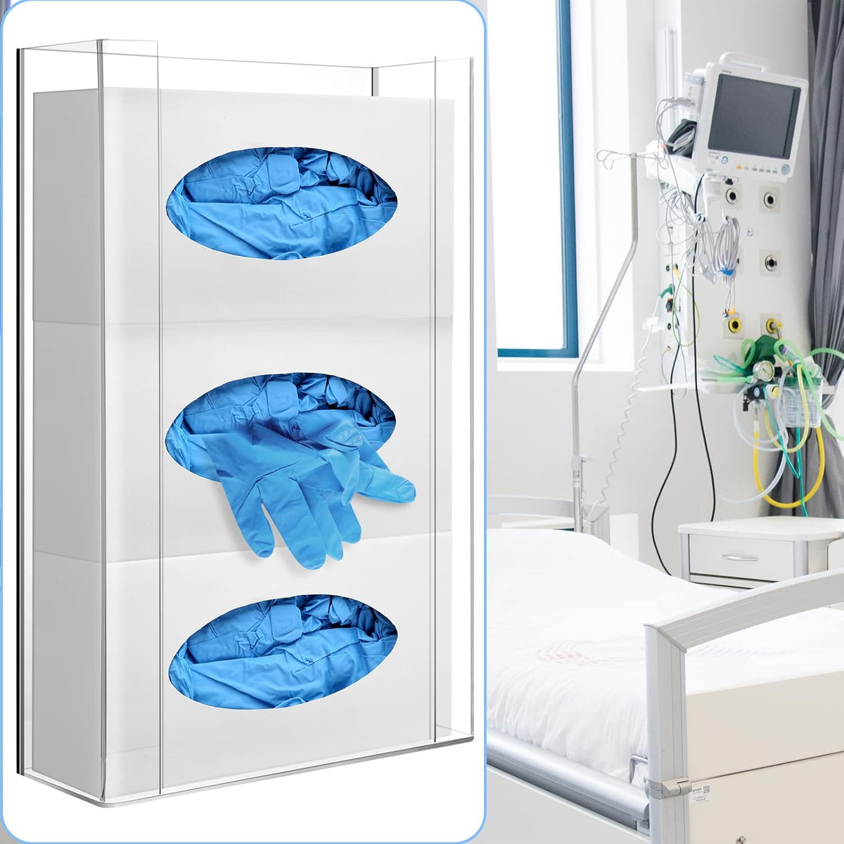 Weysat Wall Mounted Acrylic Glove Box Holder Double Dispenser Floating Glove Box Organizer Storage Rack for 3 Boxes for Kitchen Cleaning Closet Lab Exam Office (16.1 H x 10.2 W x 3.8 D)
