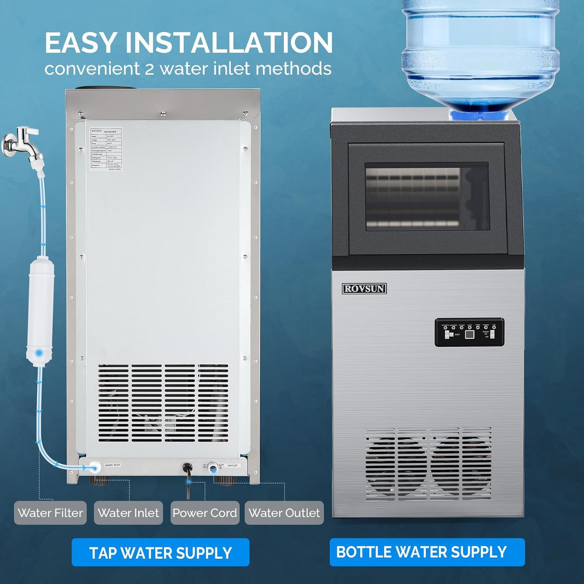 ROVSUN 150LBS/24H Commercial Ice Maker Machine with 2 Water Inlets, Freestanding Ice Machine with 24lbs Storage Bin, Ice Scoop & Water Filter for Home Office Restaurant Bar Cafe