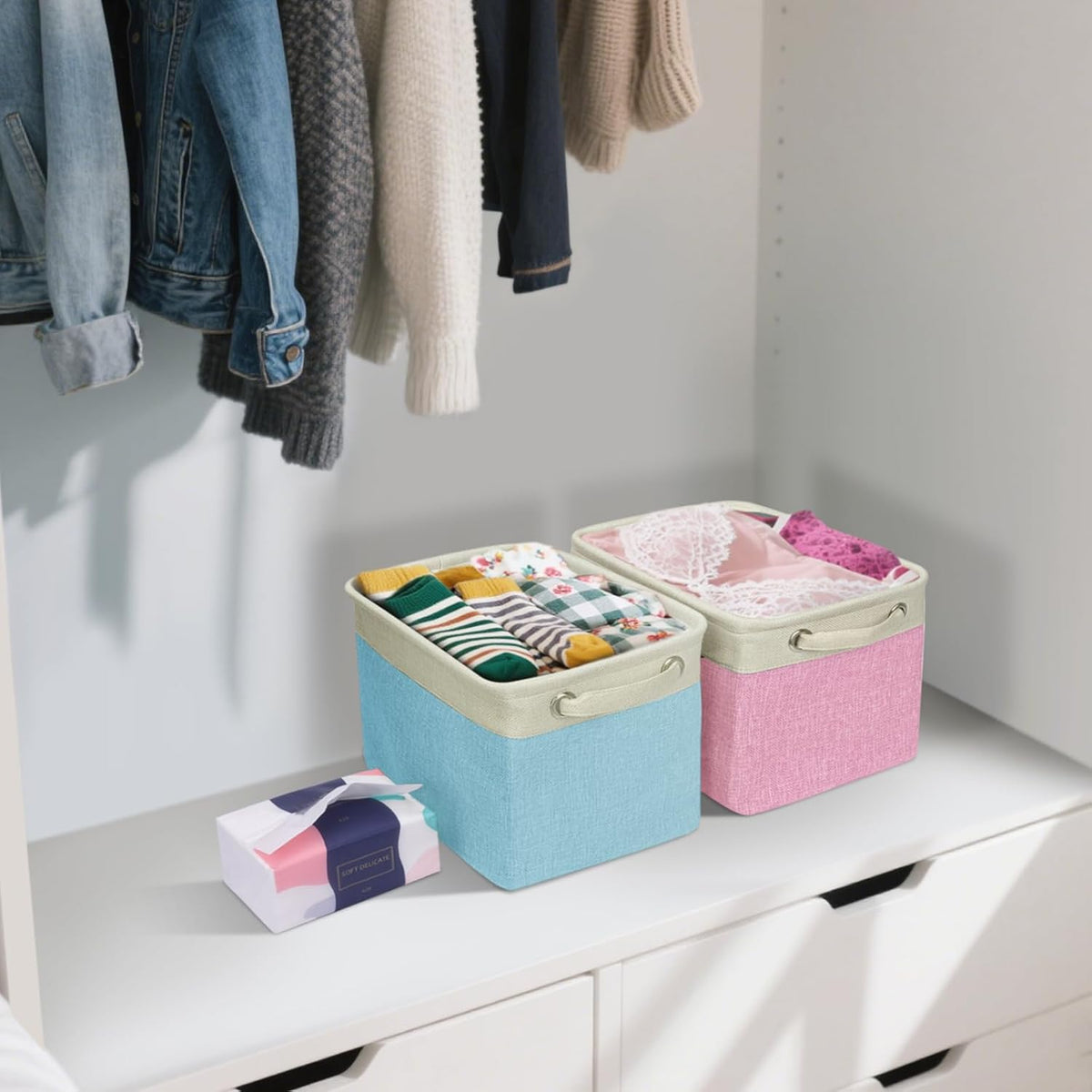 BALEINE 4 Pack Fabric Storage Bins for Shelves, Linen Storage Baskets for Organizing, Decorative Closet Bins for Clothes, Home (Skyblue, 12"x8"x8")