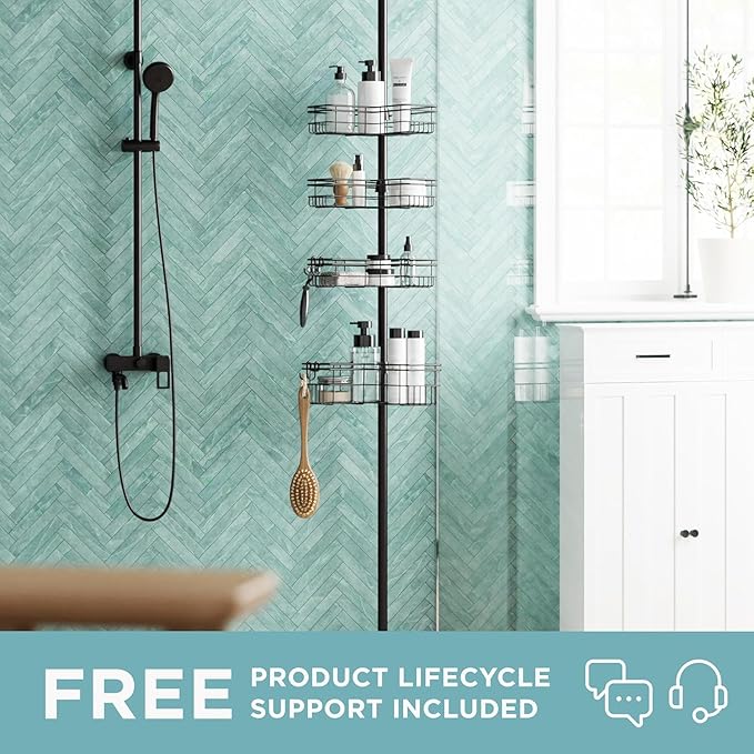 Zenna Home Tension Pole Shower Caddy Corner Organizer, Adjustable Standing Shower Caddy with 4 L-shaped Baskets and Hooks, Rust Resistant Bathroom Tension Rod Organizer, 60 to 97 Inch, Bronze