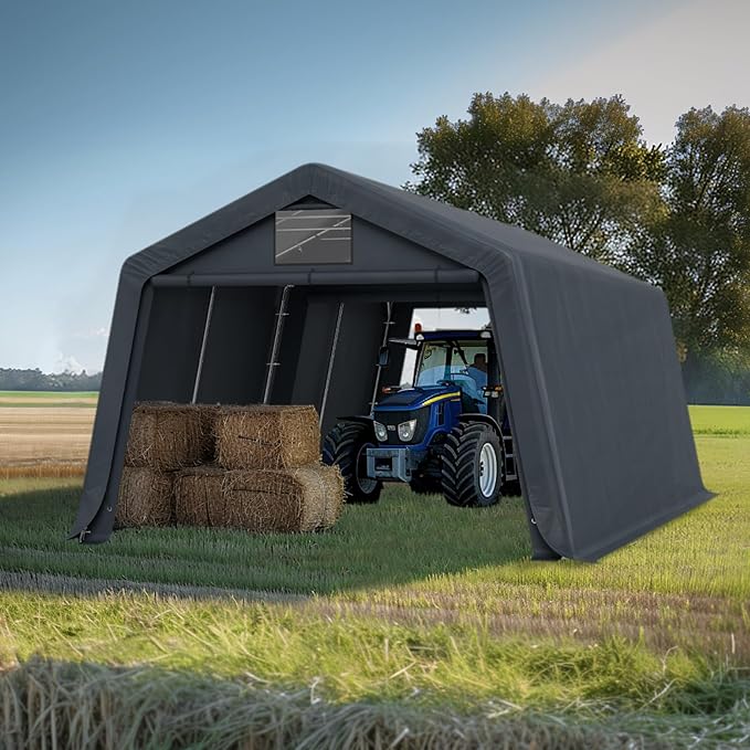 GREEN PARTY Storage Shelter Shed, 13x22 ft Portable Shed Outdoor Carport with Roll-up Zipper Door & Vents, Outdoor Storage Shed Portable Garage for Motorcycle, Bike, Waterproof & UV Protected, Gray
