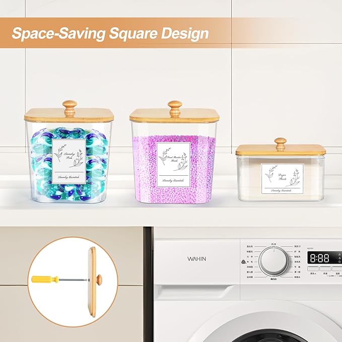 3 Pack Plastic Laundry Pods Container & Dryer Sheet Holder, Laundry Room Organization and Storage Jars with Lids, Scoops & Labels for Detergent, Powder, Scent Booster